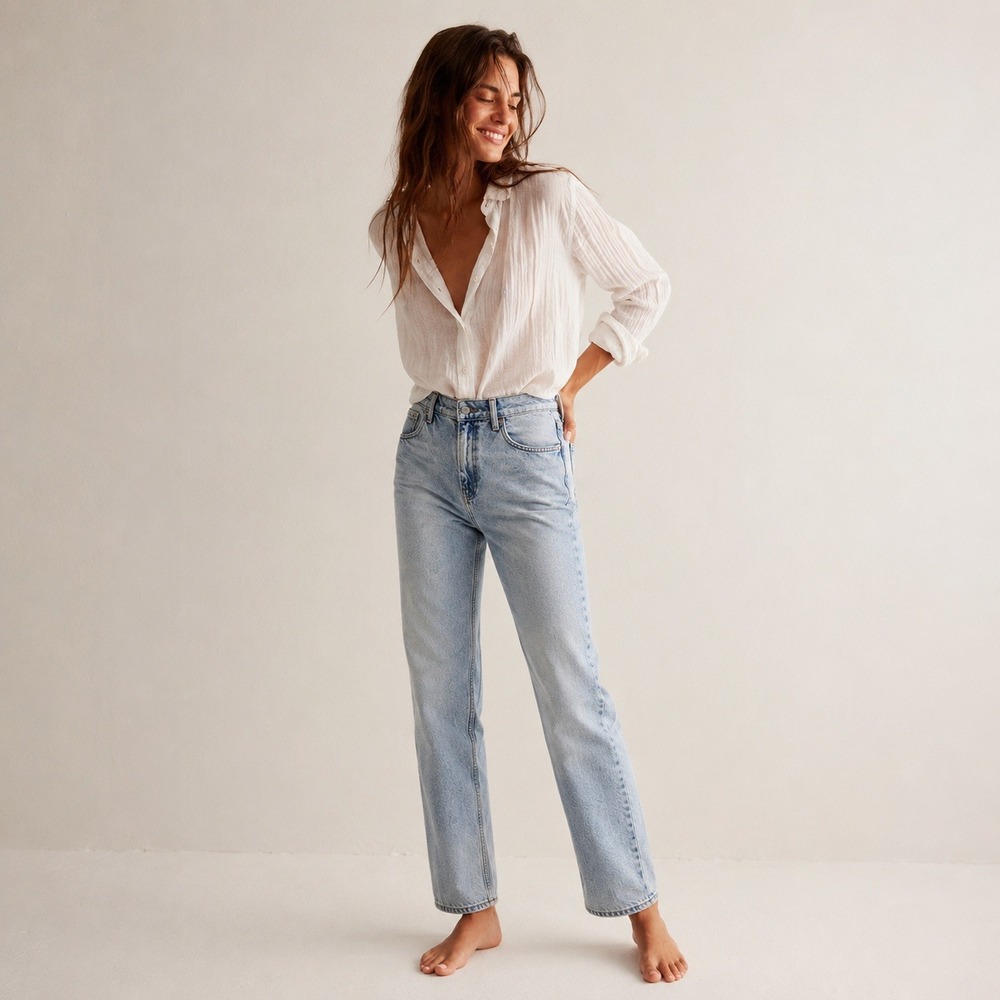 Free People We The Free Pacifica High Rise Straight Jeans Sz 31 Light Wash